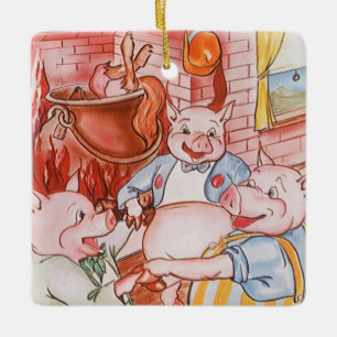 Drei kleine Schweine kochen Wolf, Vintage Märchen Keramikornament
