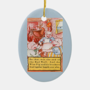 Drei kleine Schweine kochen Wolf, Vintage Märchen Keramikornament