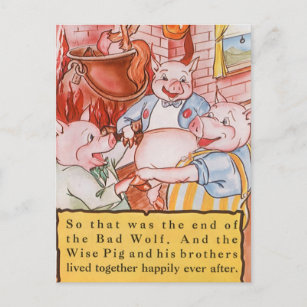 Drei kleine Schweine Kochwolf, Vintages Märchen Postkarte