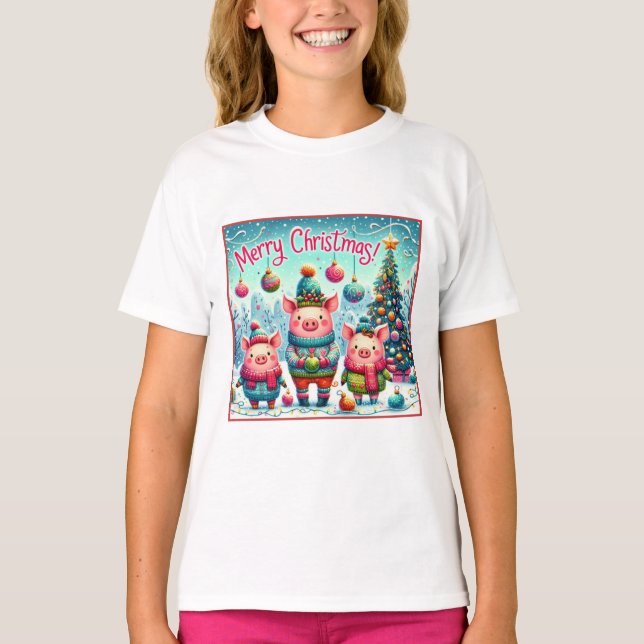 Drei kleine Weihnachtsschweine T-Shirt (Vorderseite)