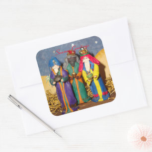 Drei Könige mit Geschenken für das Baby Jesus We Quadratischer Aufkleber