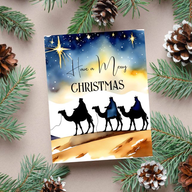Drei Könige Weihnachtsgrüße religiöse Postkarte (Three kings Merry Christmas greeting postcard three kings on camels under starry night sky star)
