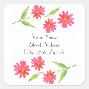 Drei korallenrosa Aquarellfarben Daisy Labels Quadratischer Aufkleber
