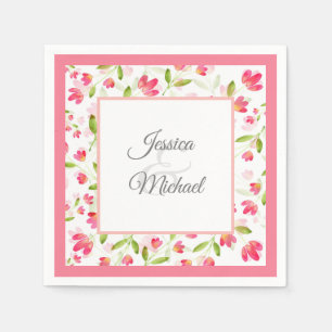 Drei Korallenrosa Wasserfarben-Blume Muster Serviette