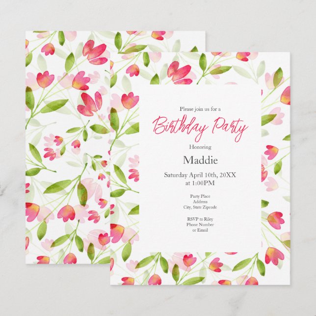 Drei Korallenrosa Wasserfarben-Blume Steppmuster Einladung (Vorne/Hinten)