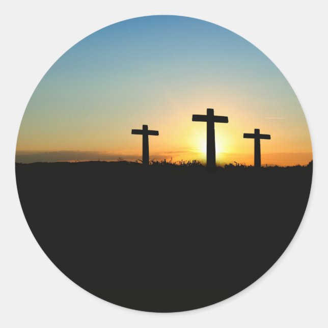 Drei Kreuze Sonnenuntergang Jesus Aufkleber (Vorderseite)