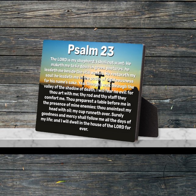 Drei Kreuzungen Psalm 23 Sonnenuntergang Bibelvers Fotoplatte (Three Crosses Psalm 23 Sunset Bible Verse Plaque)