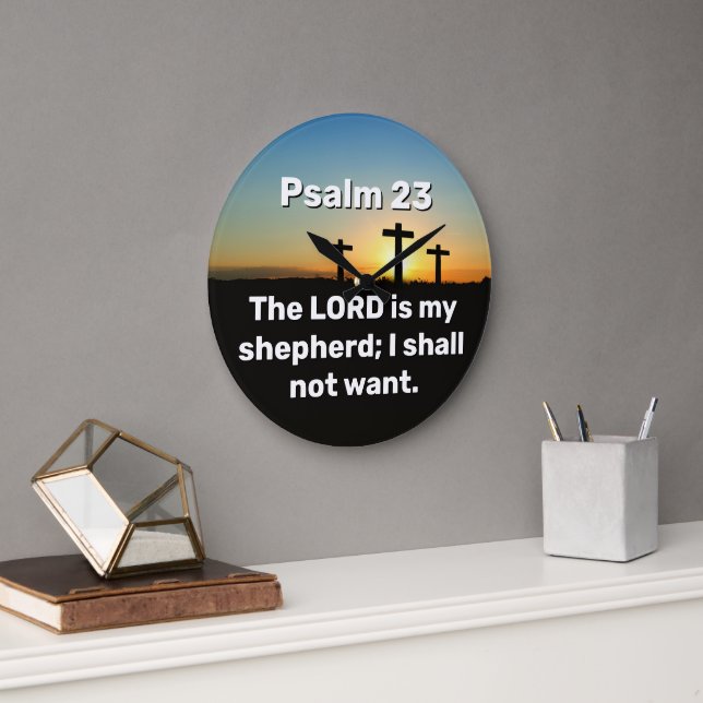Drei Kreuzungen Psalm 23 Sonnenuntergang Bibelvers Große Wanduhr (Büro)