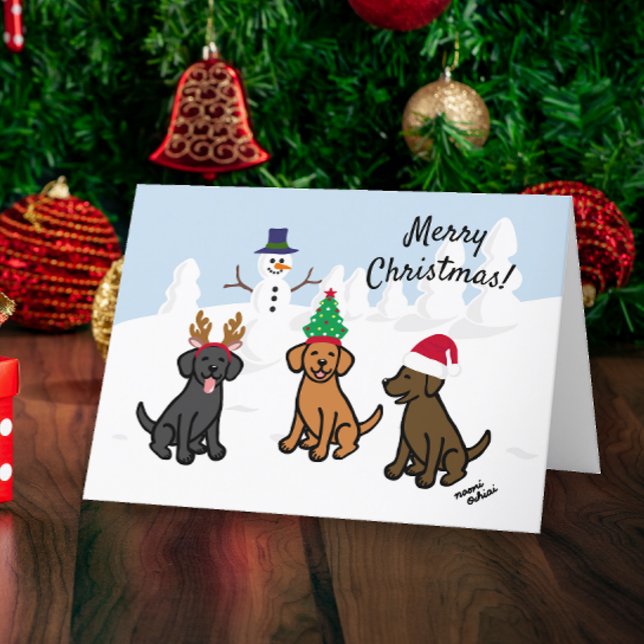 Drei Labradoren und Snowman Weihnachten (Three Labradors and Snowman Design Christmas Cards for Labrador Owners.  Cute cartoon style design.)
