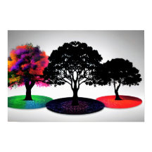 Drei lebendige, traumhafte Bäume mit weißem Hinter