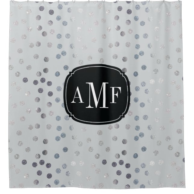 Drei Letter Monogram Silver Glitzer Dots auf Grau Duschvorhang (Vorderseite)