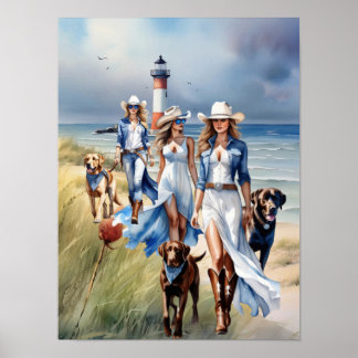 Drei Leuchtturm Cowgirl Cowgirl Hund Walkers Poster