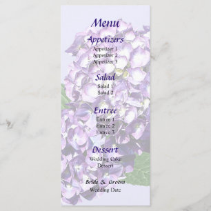 Drei Lila Hydrangea-Cluster-Hochzeitmenü Menükarte