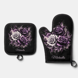 Drei Lila Rose Ofenhandschuh & Topflappen-Set
