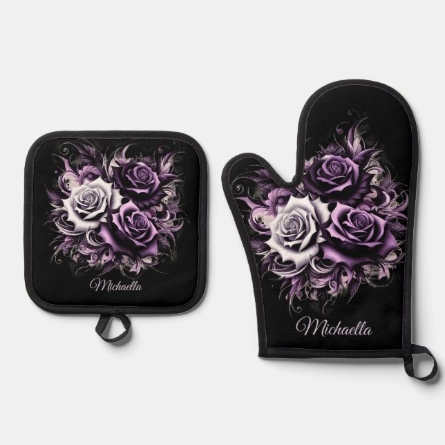 Drei Lila Rose Ofenhandschuh & Topflappen-Set (Vorderseite)