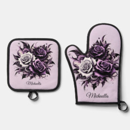 Drei Lila Rose Ofenhandschuh & Topflappen-Set