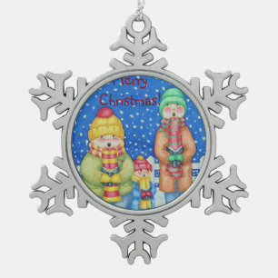 drei lustige Carolsänger Schneeszene Schneeflocken Zinn-Ornament