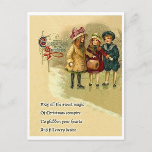 Drei Mädchen im Schnee, Weihnachtsgruß mit Gedicht Postkarte