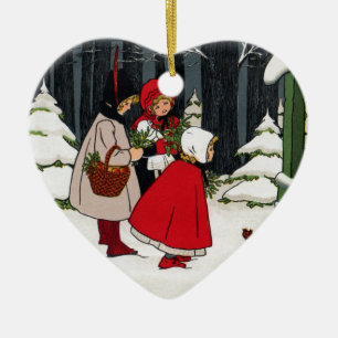 Drei Mädchen mit Mistelzweig-Vintagem Weihnachten Keramik Ornament