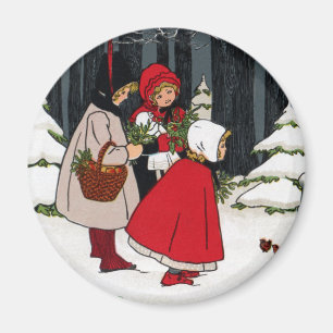 Drei Mädchen mit Mistelzweig-Vintagem Weihnachten Magnet
