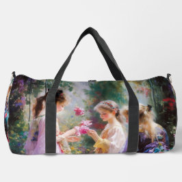 Drei Mädchen spielen im Garten Duffle Bag