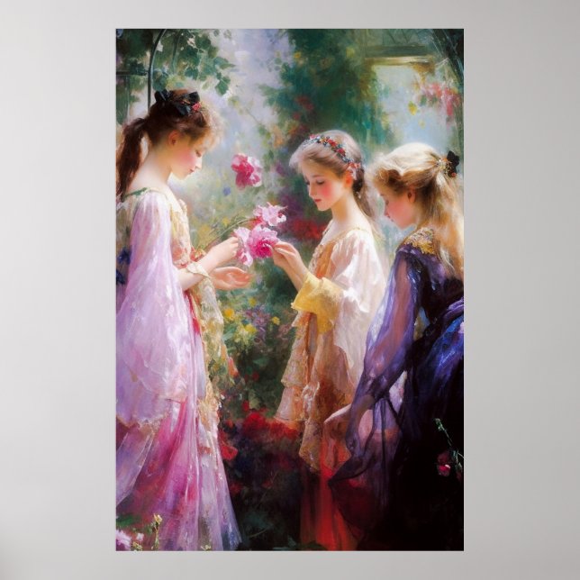Drei Mädchen spielen im Garten Poster (Vorne)