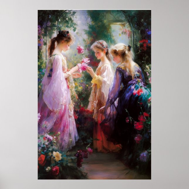 Drei Mädchen spielen im Garten Poster (Vorne)