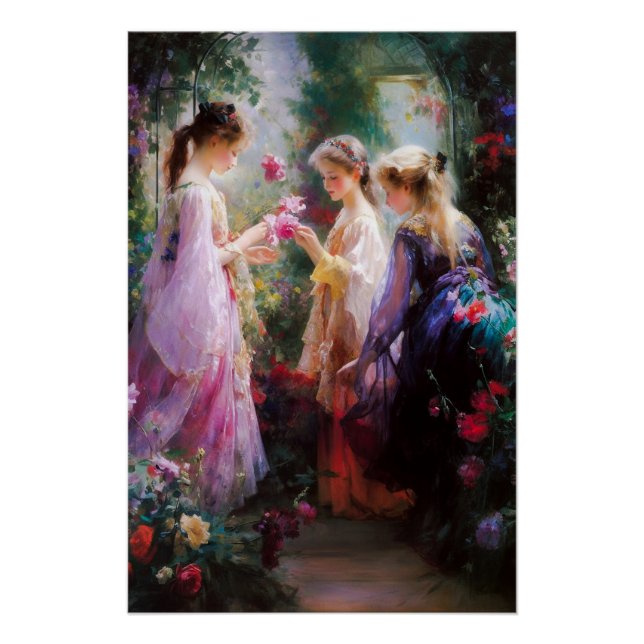 Drei Mädchen spielen im Garten Poster (Vorderseite)