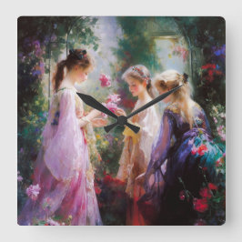 Drei Mädchen spielen im Garten Quadratische Wanduhr
