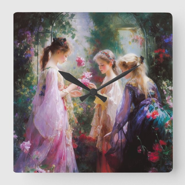 Drei Mädchen spielen im Garten Quadratische Wanduhr (Vorderseite)