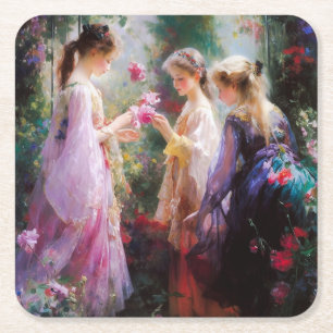 Drei Mädchen spielen im Garten Rechteckiger Pappuntersetzer