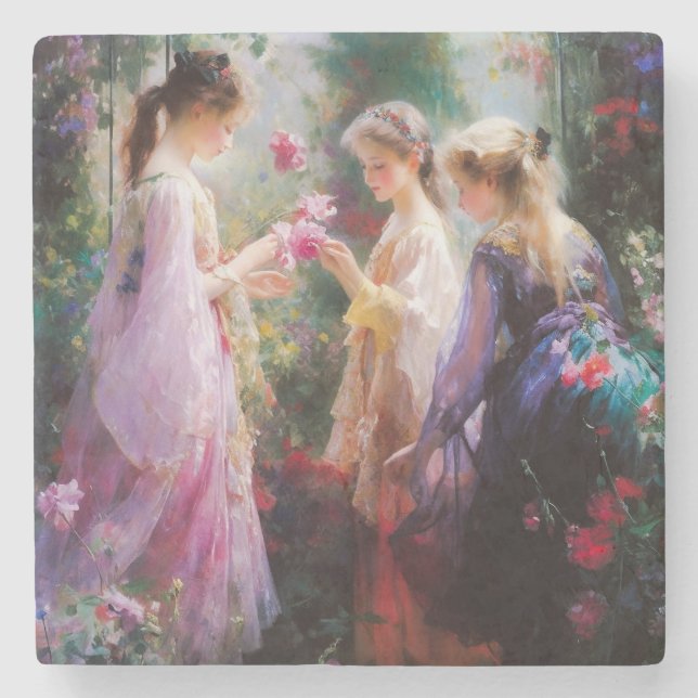 Drei Mädchen spielen im Garten Steinuntersetzer (Vorderseite)