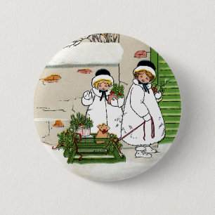 Drei Mädchen und Schwein im Schlitten Vintage-Weih Button