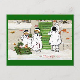 Drei Mädchen und Schwein in Sled Vintage Weihnacht Feiertagspostkarte