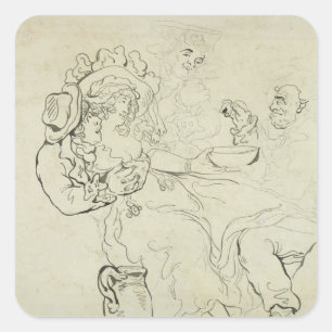 Drei Männer und eine Frau, die trinkt (Stift, Tint Quadratischer Aufkleber