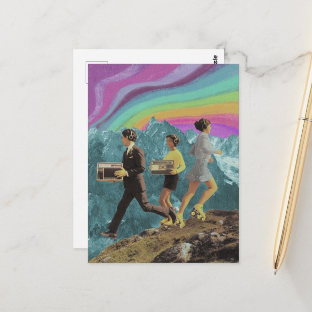 Drei Menschen auf den Skaten der Surreal-Gebirgske Postkarte (Vorderseite/Rückseite Beispiel)