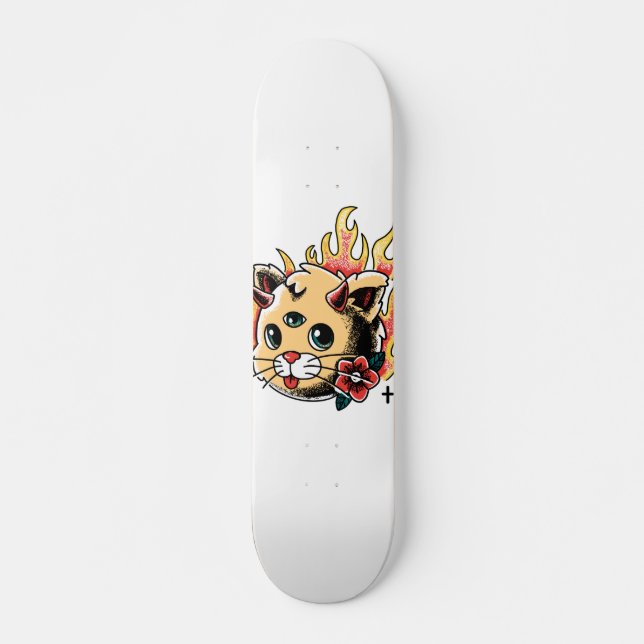 Drei Mit Augen Katze Niedlich Kitten Flammen Tatto Skateboard (Vorne)