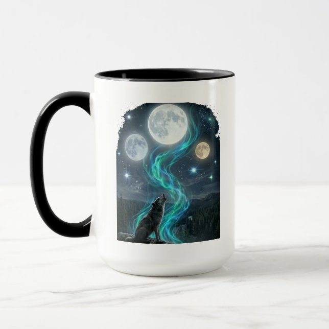 Drei-Mond-Wolf-Aurora - Mystischer Nachthimmel Tasse (Links)