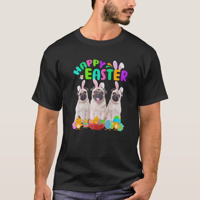 Drei Mops mit sonnigen Ohren Mops Frohe Ostern T-Shirt (Vorderseite)