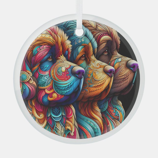 Drei Newf Heads Circle Glass Ornament Aus Glas (Vorderseite)