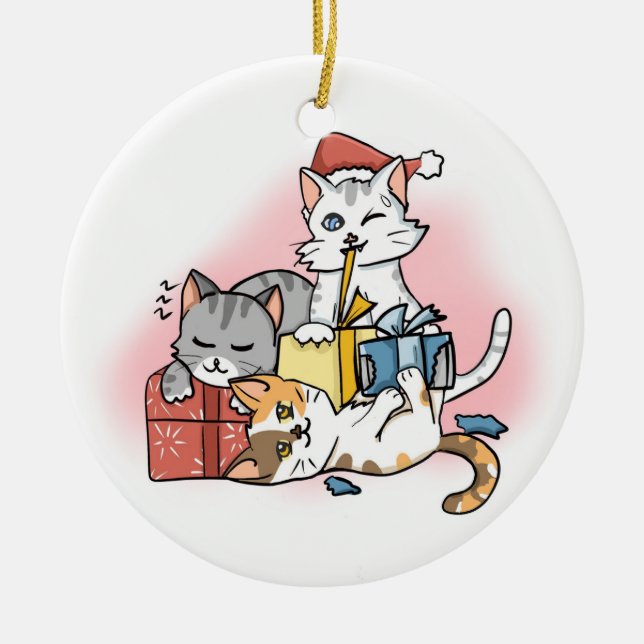 Drei Niedliche Cartoon Weihnachts-Kitten-Packungen Keramik Ornament (Vorne)