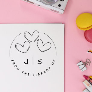 Drei Niedliche Heart Custom Initials Library Book Gummistempel