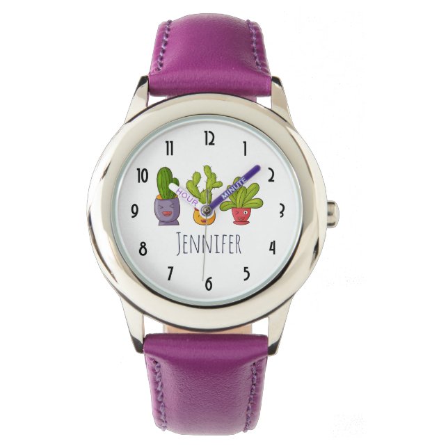 Drei Niedliche Kakteen in Blume Pots Fun Illustrat Armbanduhr (Vorderseite)