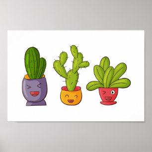 Drei Niedliche Kakteen in Blume Pots Fun Illustrat Poster