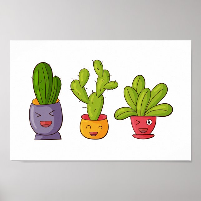 Drei Niedliche Kakteen in Blume Pots Fun Illustrat Poster (Vorne)