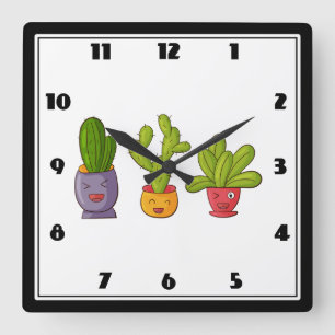 Drei Niedliche Kakteen in Blume Pots Fun Illustrat Quadratische Wanduhr