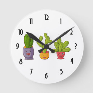 Drei Niedliche Kaktus in der Blume Pots Fun Illust Runde Wanduhr