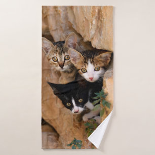Drei Niedliche Neugierige Katze Kittens Faces Funn Badhandtuch Set