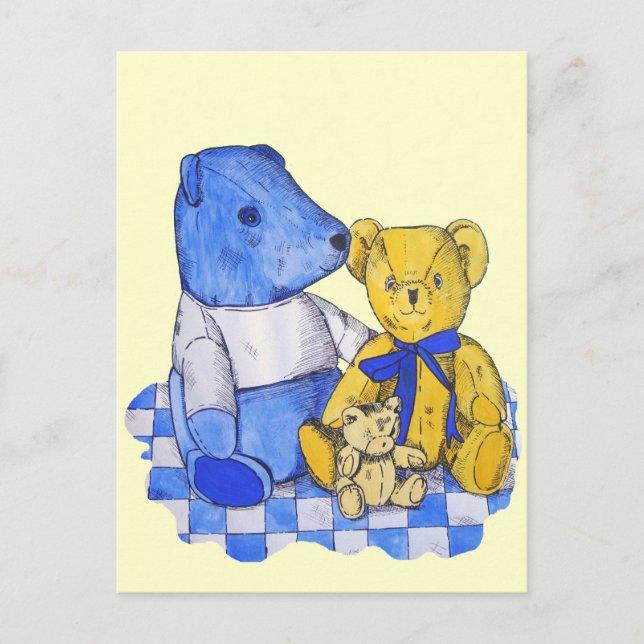 drei niedliche Teddies auf einem Picknicktuch für  Postkarte (Vorderseite)