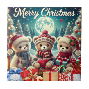 Drei Niedliche Teddy Bears Frohe Weihnachten Fliese
